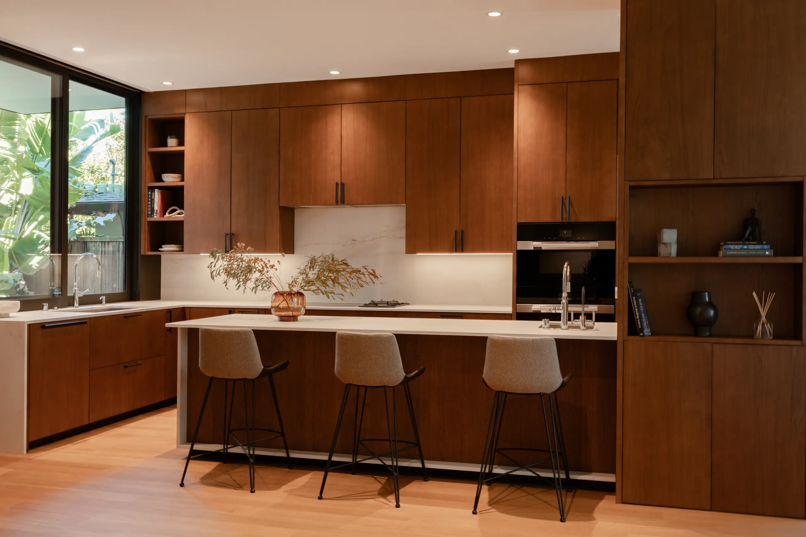Warm walnut luxury kitchen with natural textures